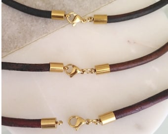 Handmade Genuine Leather Cord Necklace – 4mm Antique Brown Men’s Leather Choker, Stainless Steel & Gold Lobster Clasp, Custom Length