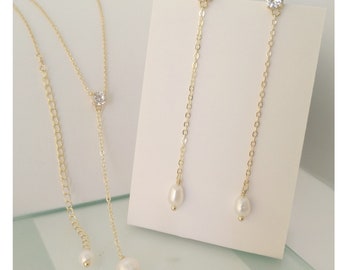 Freshwater Pearl Necklace Earring Set, Delicate Pearl Lariat Necklace, Gold Y Necklace, Bridesmaids Jewelry, Wedding Jewelry
