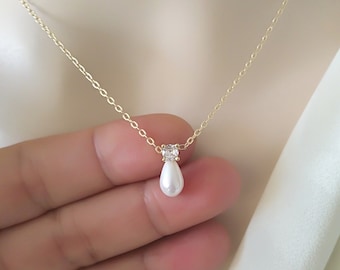 Pearl Necklace Earring Set, CZ Necklace Set, Delicate Gold Pearl Necklace, Teardrop Pearl Earrings, Bridesmaids Gift, Bridal Jewelry