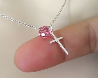Sterling Silver Cross Necklace with birthstone charm, Personalized Necklace, First Communion Gift