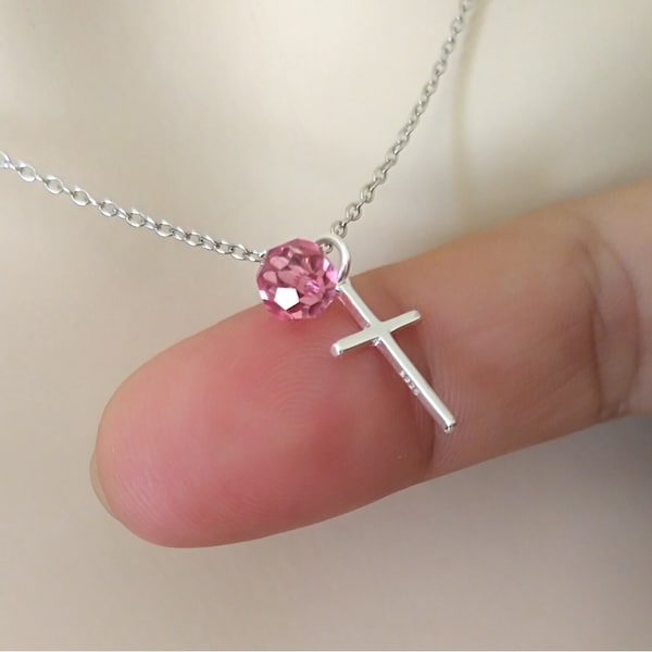 Collar de cruz de plata esterlina con dije de piedra de nacimiento, collar personalizado, regalo de primera comunión