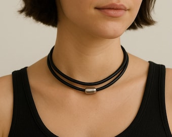 Double Wrap Leather Choker Necklace • 3mm • Magnetic Stainless Steel Clasp • Minimalist