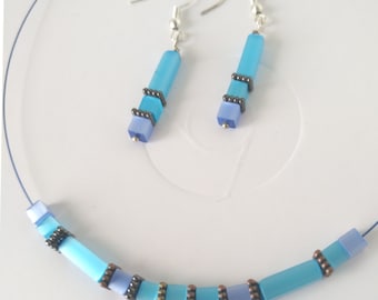 Choker Necklace + Earrings Set – Turquoise and Blue Cubic Beads