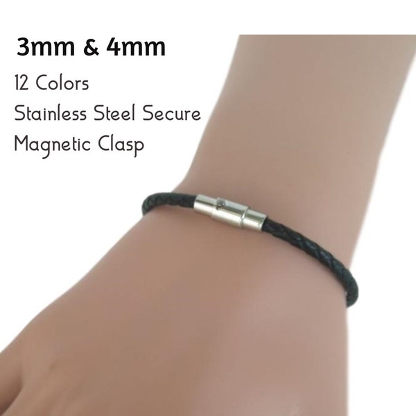 Geflochtenes Lederarmband mit sicherem Magnetverschluss aus Edelstahl - für Männer oder Frauen - 3 mm, 4 mm - Benutzerdefinierte Länge