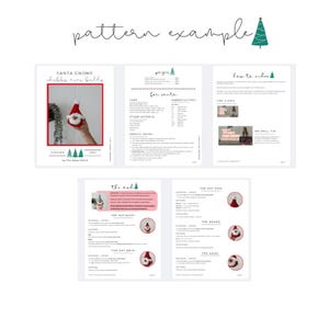 Pode incluir: Exemplo de padr&atilde;o digital para um gnomo de Natal, com instru&ccedil;&otilde;es e ilustra&ccedil;&otilde;es. As p&aacute;ginas incluem detalhes sobre materiais, abrevia&ccedil;&otilde;es e como encomendar. O texto "pattern example" est&aacute; no topo.