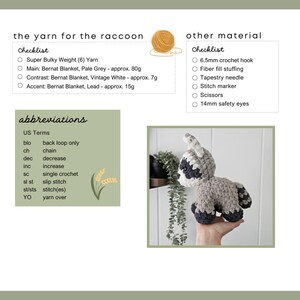 K&ouml;nnte beinhalten: H&auml;kelanleitung f&uuml;r ein Amigurumi-Spielzeug in Form eines Waschb&auml;ren. Die Anleitung enth&auml;lt eine Checkliste der ben&ouml;tigten Materialien, darunter Garn in Hellgrau, Vintage-Wei&szlig; und Blei, sowie eine 6,5 mm H&auml;kelnadel, F&uuml;llwatte, eine Sticknadel, einen Maschenmarker, eine Schere und 14 mm Sicherheitsaugen. Die Anleitung enth&auml;lt auch eine Liste von Abk&uuml;rzungen f&uuml;r g&auml;ngige H&auml;kelbegriffe.