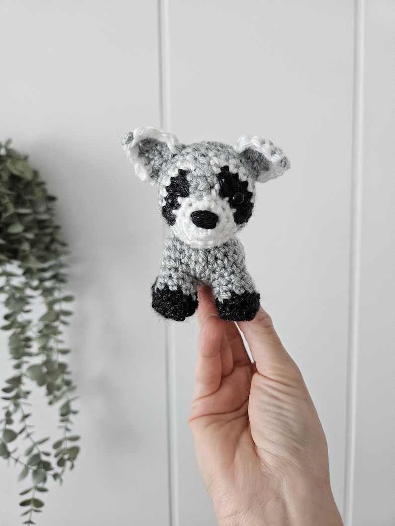 K&ouml;nnte beinhalten: Ein kleines geh&auml;keltes Waschb&auml;r-Spielzeug mit schwarzen Augen, einer schwarzen Nase und grauem und wei&szlig;em Fell.