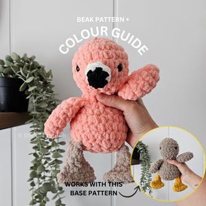 May include: A handmade pink flamingo plush toy with a black beak and white accents. The plush has a textured appearance and is shown with a smaller version in a circle. Text on the image reads "BEAK PATTERN + COLOUR GUIDE" and "WORKS WITH THIS BASE PATTERN".