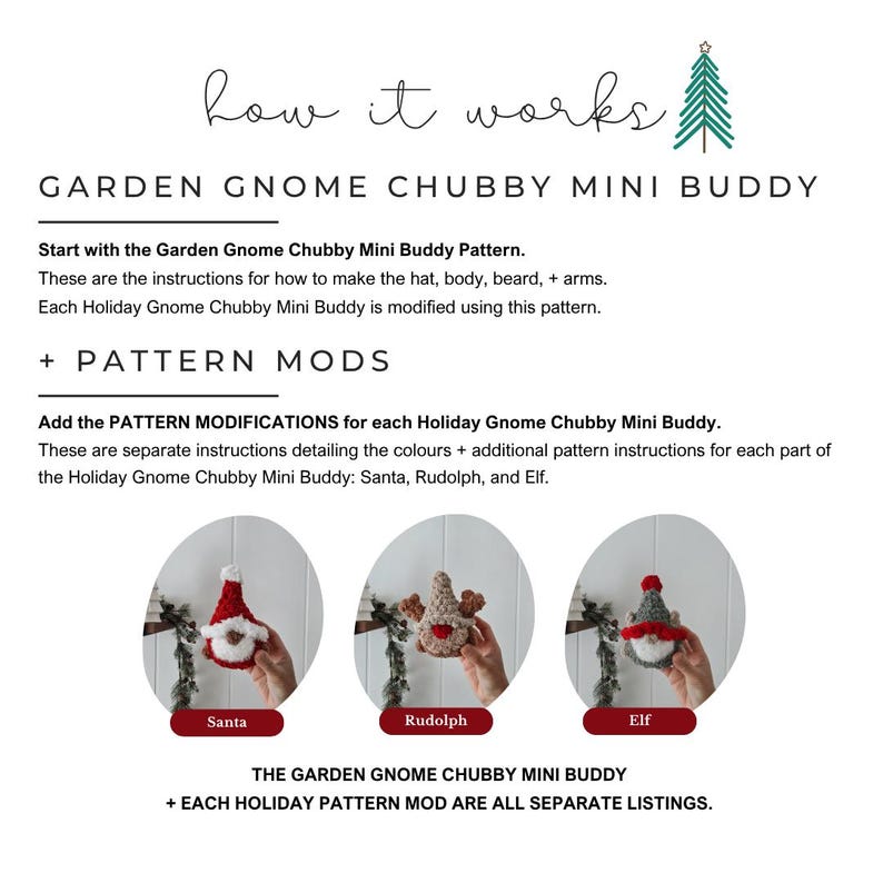 Pode incluir: Gr&aacute;fico com o texto "how it works" e "GARDEN GNOME CHUBBY MINI BUDDY". A imagem mostra instru&ccedil;&otilde;es para fazer um gnomo, com exemplos de gnomos do Papai Noel, Rudolph e Elfo.