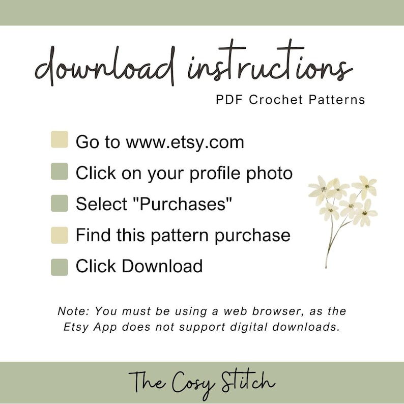 Pode incluir: Um gr&aacute;fico branco com instru&ccedil;&otilde;es para baixar padr&otilde;es de croch&ecirc; em PDF do Etsy. O texto inclui etapas como ir ao Etsy, clicar na foto do perfil, selecionar compras e clicar em download. Uma ilustra&ccedil;&atilde;o floral est&aacute; &agrave; direita.