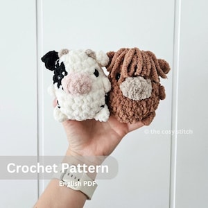 May include: Crochet pattern for a cow and a highland cow amigurumi. The pattern is available in English PDF format.