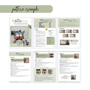 K&ouml;nnte beinhalten: Ein H&auml;kelmusterbeispiel mit dem Text "pattern example" oben. Das Muster ist f&uuml;r ein Esel-Pl&uuml;schtier, mit detaillierten Anweisungen und Bildern. Die Seiten enthalten ein Inhaltsverzeichnis, Garndetails und Video-Tutorials.