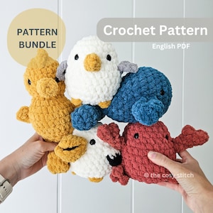 May include: A crochet pattern bundle featuring five plush amigurumi animal toys: a yellow duck, a white bird, a blue whale, a white chick, and a red crab. The pattern is available in English PDF format.