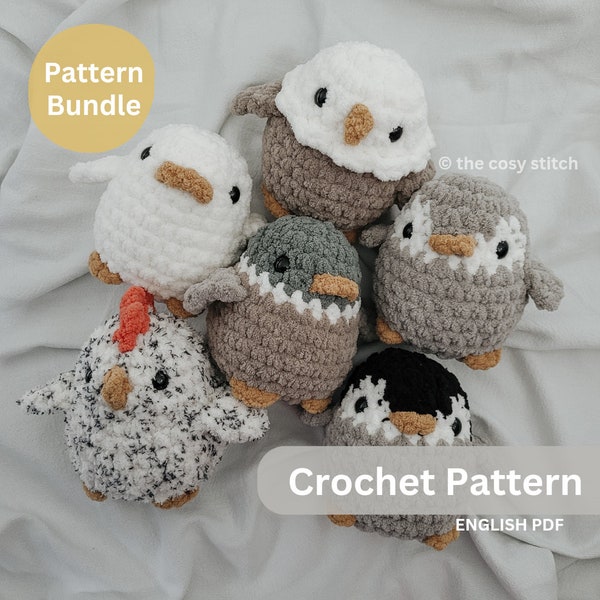 Lot de motifs : sans couture Chubby Birdie Buddies, aigle, pingouin, canard, poulet, motif au crochet UNIQUEMENT