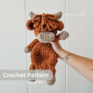 Pattern: Hicks the Highland Snuggler Pattern, crochet cow, crochet pattern animal, low-sew pattern update