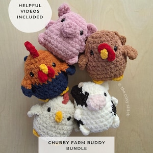 May include: A collection of five crocheted plush farm animals including a pink pig, a brown turkey, a multi-colored rooster, a white chicken, and a black and white cow. Text reads HELPFUL VIDEOS INCLUDED and CHUBBY FARM BUDDY BUNDLE.
