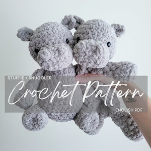 May include: Crochet pattern for a gray stuffed animal hippopotamus. The pattern is available as an English PDF download.  Stuffie + Snuggler Crochet Pattern.