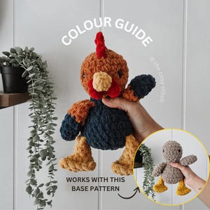 May include: A handmade crochet chicken toy in shades of brown, orange, navy blue, red, and yellow. The text "COLOUR GUIDE" and "WORKS WITH THIS BASE PATTERN" are visible. The toy is shown with a smaller version in a circular inset.