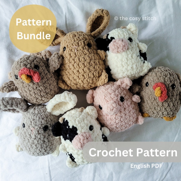 Pattern Bundle: LOW/NO SEW Chubby Farm Buddy, Turkey, Cow, Pig, Bunny, Crochet Pattern Only