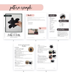 May include: A crochet pattern for a black bat amigurumi toy. The pattern includes instructions for making the head, body, and wings. The pattern is titled "Boo Bat Chubby Mini Buddy" and is by "The Cosy Stitch".