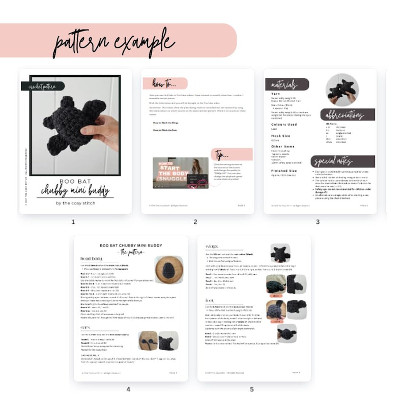 May include: A crochet pattern for a black bat amigurumi toy. The pattern includes instructions for making the head, body, and wings. The pattern is titled "Boo Bat Chubby Mini Buddy" and is by "The Cosy Stitch".
