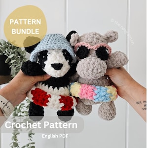 May include: A crochet pattern bundle featuring two stuffed animals: a panda and a hippo. The panda is black and white with a blue hat and red and white shorts. The hippo is gray with sunglasses and a colorful scarf. The text "PATTERN BUNDLE" and "Crochet Pattern" are visible.