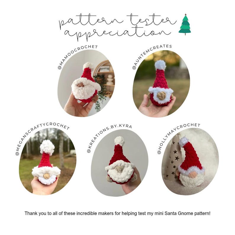 Pode incluir: Imagem com cinco mini gnomos de Natal de croch&ecirc;, cada um com um chap&eacute;u vermelho e barba branca. O texto diz "aprecia&ccedil;&atilde;o do testador de padr&otilde;es" e agradece aos criadores.
