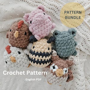 May include: A crochet pattern bundle featuring six adorable animal amigurumi crochet patterns: a pig, a chicken, a frog, a bee, an owl, and a chick. The patterns are written in English and are available as a PDF download. The text "PATTERN BUNDLE" is displayed in a yellow circle at the top of the image. The text "Crochet Pattern English PDF" is displayed at the bottom of the image.