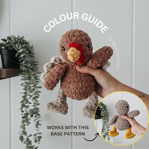 May include: A crocheted turkey toy in shades of brown, beige, red, and yellow. The plush turkey has a red wattle, yellow beak, and beige wings and legs. The text "COLOUR GUIDE" and "WORKS WITH THIS BASE PATTERN" are visible.