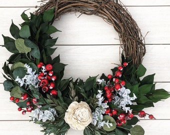 Christmas Wreath, Christmas Decor, Winter Wreath, Farmhouse Wreath, Winter Decor, Rustic Wreath, Farmhouse Hoop Wreath, Front Door Wreath