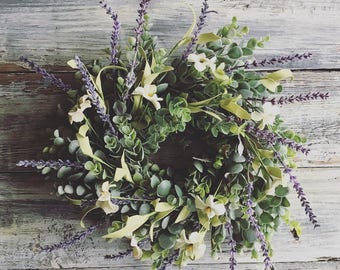 Spring Wreath, Spring Decor, Boxwood Wreath, Farmhouse Wreath, Front Door Wreath, Eucalyptus Wreath, Rustic Wreath, Wedding Decor, Wreath