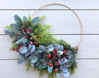 Winter Berry Hoop Wreath, Christmas Wreath, Pine and Berry Wreath, Farmhouse Wreath, Holiday Wreath, Modern Wreath, Rustic Wreath, Wreath