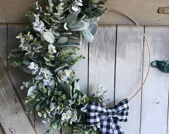 Winter Eucalyptus Wreath,  Winter Lambs Ear Hoop Wreath, Christmas Wreath, Front Door Greenery Wreath, Modern Wreath, Rustic Wreath