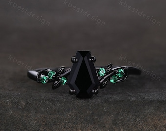 Coffin cut black onyx engagement ring Black gold ring Art deco leaf design emerald wedding ring nature inspired ring bridal promise ring