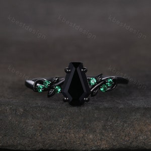 Coffin cut black onyx engagement ring Black gold ring Art deco leaf design emerald wedding ring nature inspired ring bridal promise ring