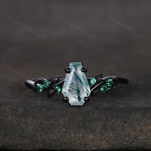 Green moss agate engagement ring Black gold ring Art deco leaf design emerald wedding ring unique coffin cut ring bridal promise ring