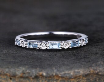 Aquamarine Baguette Ring,Half Eternity Aquamarine Wedding Ring,March Birthstone Ring,Anniversary Gift,Gift for Her,925 Sterling Silver Ring