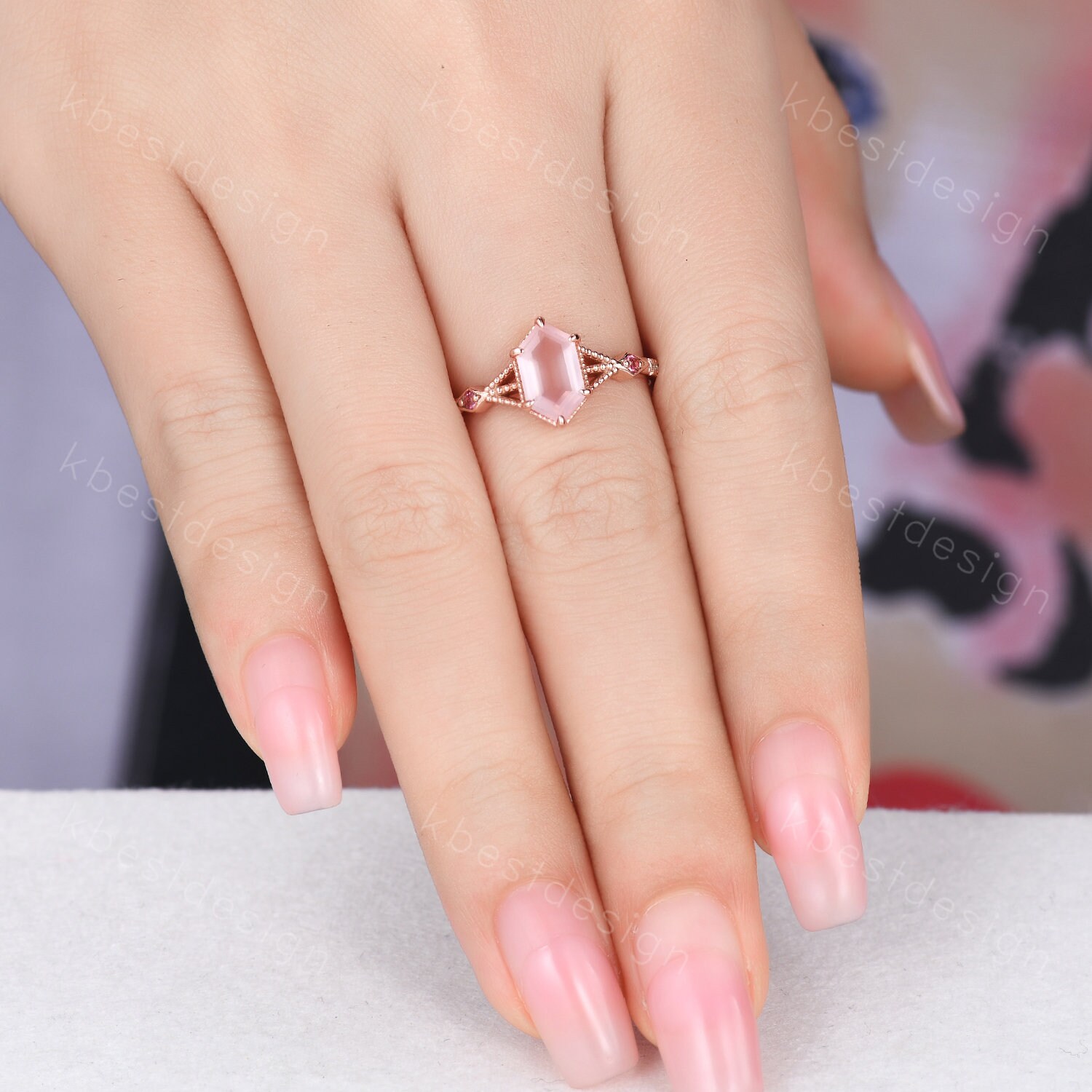 Retro Long Hexagon Rose Quartz Ring Vintage Rose Gold Retro Long Hexagon Rose Quartz Ring Vintage Rose Gold