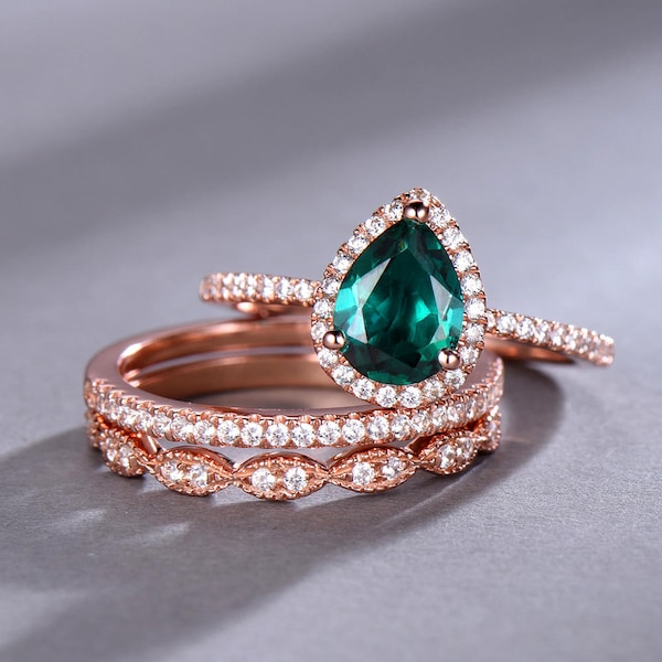 Emerald Wedding Ring Set 6x8mm Pear Cut Emerald Engagement Ring Half Eternity Art Deco Wedding Band Silver Bridal Set Rose Gold Plated