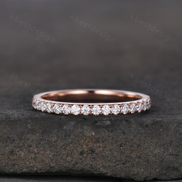 Anillo de boda de moissanita de 2mm, banda de apilamiento de media eternidad de oro rosa, anillo de moissanita incoloro, banda a juego para mujer, anillo de promesa de aniversario