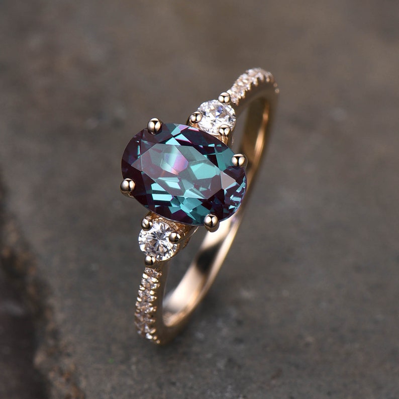 Alexandrite Ring, Oval Alexandrite Engagement Ring, Three Stone Design, June Birthstone Ring, Promise Ring, Anniversary Ring image 2