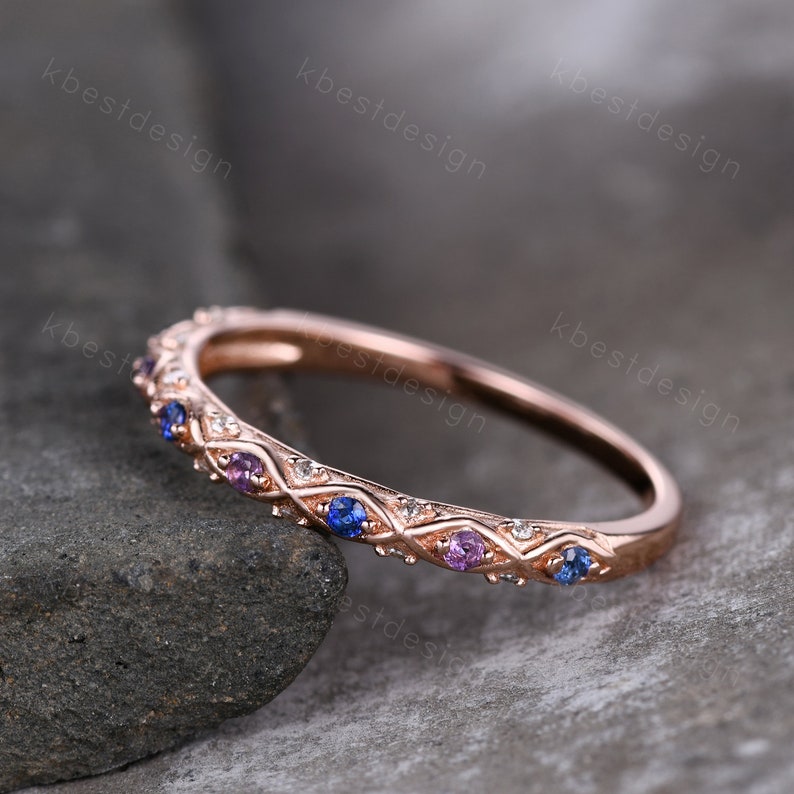 Antique Sapphire Wedding Band Women Rose Gold Band Amethyst Band Vintage Wedding Ring September Birthstone Stacking Ring Anniversary Gift image 2