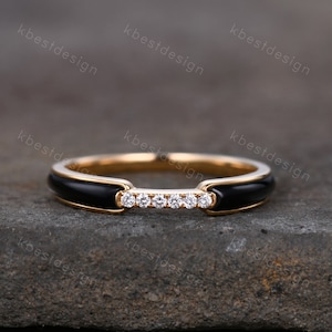 Unique Black Onyx Wedding Band Solid 14k Yellow Gold Rings Moissanite Wedding Band Half Eternity Band Vintage Bridal Anniversary Ring