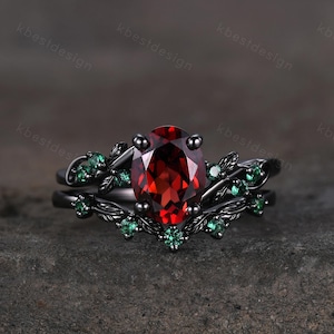 Oval cut Garnet engagement ring set black gold twig leaf emerald ring nature branch ring unique art deco bridal wedding ring set