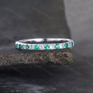 Emerald Aquamarine Wedding Ring Half Eternity Wedding Band May Birthstone Ring Aquamarine Ring Stacking Matching Band Anniversary Gift