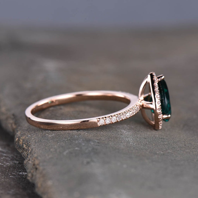 Emerald Ring, May Birthstone Ring, Pear Emerald Engagement Ring, Rose Gold Emerald Ring, Halo Ring, Promise Ring, Green Gemstone image 3