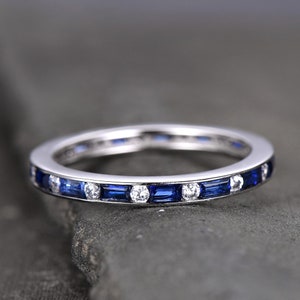 Sapphire Ring Baguette Cut Blue Sapphire And Diamond Simulant Wedding Band Full Eternity Sterling Silver Anniversary stacking rings