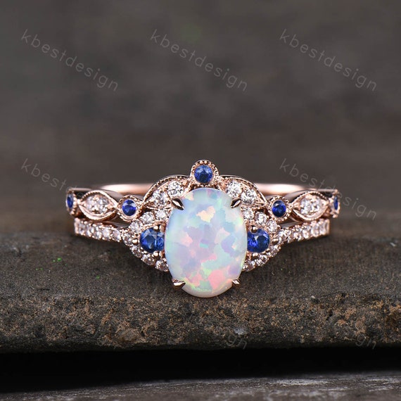 Oval Opal Engagement Ring Set Rose Gold Engagement Ring - Etsy