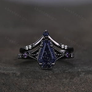 Vintage Coffin cut Blue Sandstone Engagement Ring Art Deco Galaxy Wedding Ring Gothic Black Gold Ring Unique Bridal Promise Set
