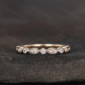 Dainty Moissanite wedding band women art deco half eternity band 14k solid gold wedding band Unique Stacking Matching anniversary ring gift